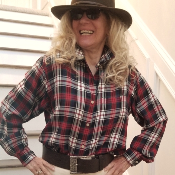 Eddie Bauer Red, Green, & Blue Plaid Button Down Rayon Shirt, Medium, $20 - Picture 1 of 7